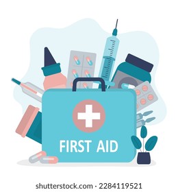 First aid kit. Medical equipment, drugs and medications. Emergency, healthcare concept. Medication equipment, supplies. Syringe, pills, vials and plaster for travel and auto. flat vector illustration