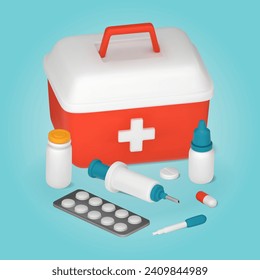 First aid kit and medical equipment, pills, syringe, pipette. 3D vector illustration