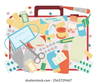 First aid kit. Medical equipment to use at home. Medicines to treat diseases. Healthcare. Vector illustration.