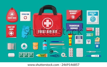 First aid kit with medical equipment and medications. Cloth bag for medicine. Healthcare, hospital and medical diagnostics. Urgency and emergency services. Vector illustration in flat style