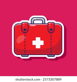 First aid kit medical facility box equipment vector icon illustration emergency accident first prevention. Medical theme sticker with flat style concept