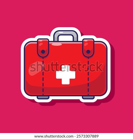 First aid kit medical facility box equipment vector icon illustration emergency accident first prevention. Medical theme sticker with flat style concept