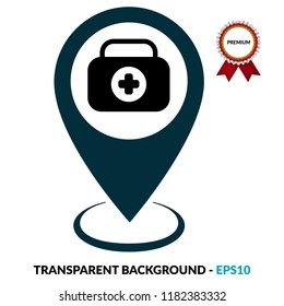 First aid kit medical map pin. vector illustration