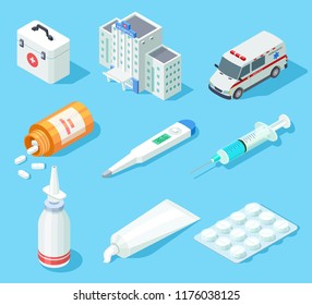 First aid kit. Medical pharmacy oral spray, medicines and pills. Ambulance car and hospital building isometric vector isolated set. Illustration of ambulance and hospital, medicine first aid