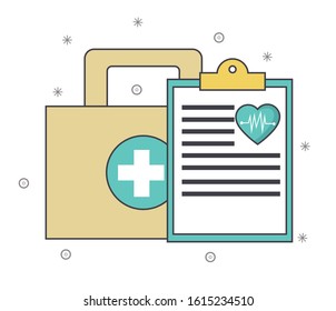 First aid kit and medical report over white background, vector illustration