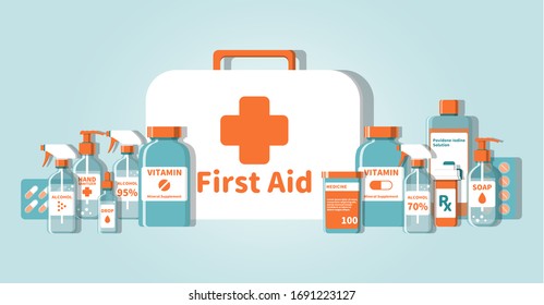 First aid kit and Medical sanitization bottle elements set in flat design style orange and blue sanitize themed color icon symbol with shadow.