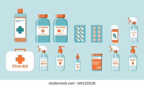 First aid kit and Medical sanitization bottle elements set in flat design style orange and blue sanitize themed color icon symbol.