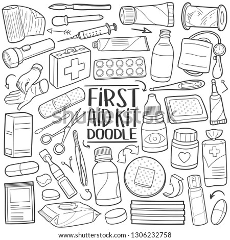 First Aid Kit. Medical Set. Traditional Doodle Icons. Sketch Hand Made Design Vector Art.