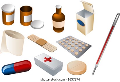 First aid kit and medical supplies, isomtric vector illustration: pills, disinfectant, bandaids, bandage, firstaid kit, thermometer, antibiotics