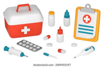 Ein Erste-Hilfe-Kit mit medizinischen Hilfsgütern. Set medizinischer Gegenstände, Thermometer, Spritze, Pipette, Tabletten. 3D-Vektorgrafik einzeln auf weißem Hintergrund.