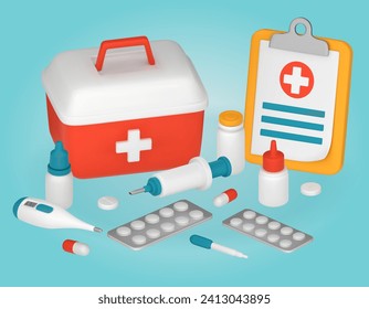 A first aid kit with medical supplies. Set of medical items, thermometer, syringe, pipette, tablets. 3D vector illustration.