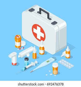 First Aid Kit Medical Tools And Medicaments. Isometric Vector Illustration