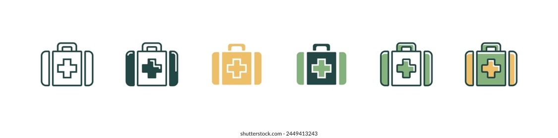 first aid kit medicals care icon set emergency health medkit bag vector illustration medic treatment tools symbol design