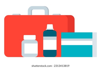 First aid kit and medicaments, emergency and healthcare concept