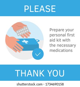 First aid kit with medications emergency equipment. Guidance, recommendation. Avia coronavirus prevention rules. Travel guidance for travelers avia flights, train trips infographic flat style vector