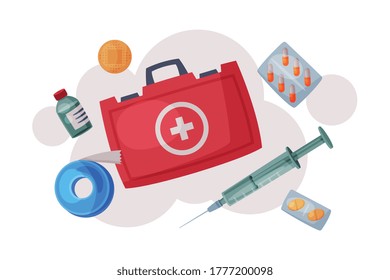 Kit de primeros auxilios con medicamentos y equipo de emergencia, suministros de servicios de urgencia para tratamiento de salud Ilustración vectorial plana