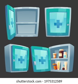 First aid kit, medicine box with pharmacy. Closed and open wall chest with drugs, pills packs and bottles on shelf. Full and empty pharmaceutical medical remedies storage, Cartoon vector illustration