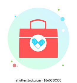 Erste Hilfe Kit Medizin in Kreis Symbol. Ärztesatz für Erste Hilfe. Medizin Brustkorb, Vektorgrafik. Studium Medizin Arzt's Kit mit Beutel. Apotheke, medizinische Tasche in runde Ikone. 