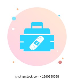 Medicina del kit de primeros auxilios en icono circular. Kit de primeros auxilios del doctor. Ilustración del vector del pecho de la medicina. Estudiar el kit del médico con bolsa. Farmacia, bolso médico en forma de icono redondo. 