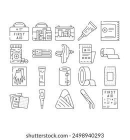 first aid kit medicine health icons set vector. medical care, hospital aid, doctor box, emergency cross, case help bage first aid kit medicine health black contour illustrations