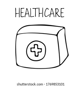 First aid kit for medicine storage. Healthcare concept. Hand drawn vector illustration.