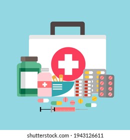 First aid kit- medicine, syringe injection and plaster bandage in flat design. 