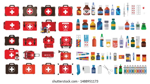 First aid kit with medicine vector collection