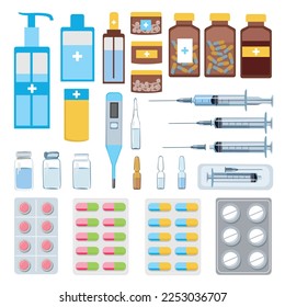 First aid kit with medicines. Tablets, capsules, ointments, ampoules, syringes, medicine bottles. Set vector illustration isolated on white background in flat style.