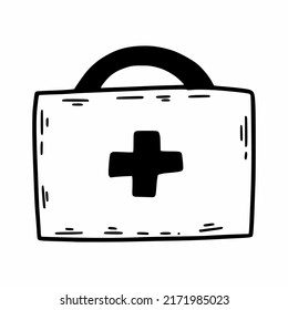 First aid kit with medicines. Vector doodle illustration.