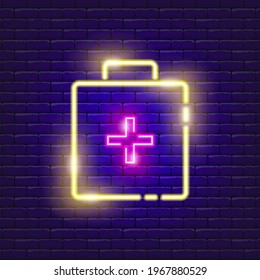 Icono de neón del kit de primeros auxilios. Ilustración vectorial para el diseño de publicidad, sitio web, promoción, banner, folleto, volante. Concepto médico.