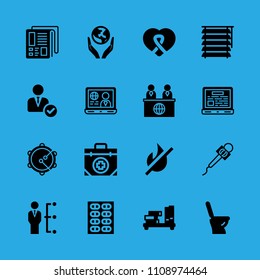 first aid kit, news reporter, shelf, microphone, toilet, blind, laptop, laptop and manager vector icon. Simple icons set