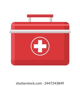 First aid kit.Red object with a cross on it, medical equipment, First aid storage, doctor's case.Vector illustration isolated on white background