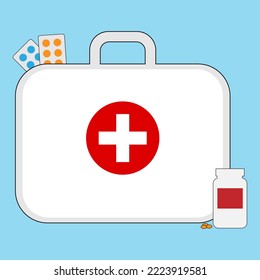 Kit de primeros auxilios sobre fondo azul claro, ilustración