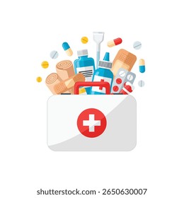 Um kit de primeiros socorros está aberto, repleto de suprimentos médicos como bandagens, comprimidos e garrafas.