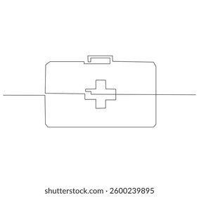 First aid kit outline drawing illustration. Continuous line draw medical equipment vector. 