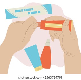 First aid kit. Painkiller cream, bandage. Medicines for treating diseases. Vector illustration.