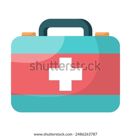 First aid kit. Paramedic suitcase for storing medical supplies. Medicine elements and tools. Medical equipment to use at home. Medicines to treat diseases. Healthcare and medicine. Vector illustration