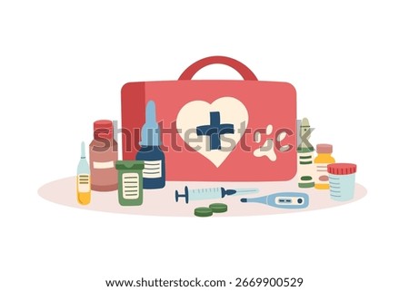First aid kit for pets isolated on white background. Concept of pet medicine and healthcare. Vector flat template.