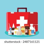 First aid kit with pills and drugs flat vector illustration isolated on blue background.