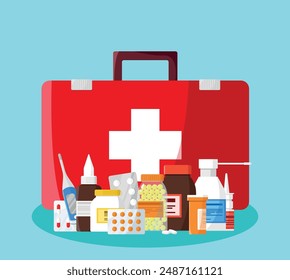 First aid kit with pills and drugs flat vector illustration isolated on blue background.