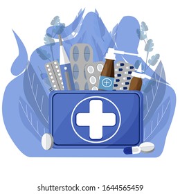 Kit de primeros auxilios con píldoras, termómetro, botella, spray en el diseño vectorial. Ilustración plana en colores azules