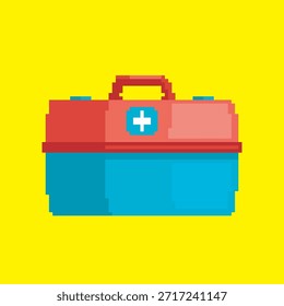 First aid kit pixel art, illustration on isolated background.