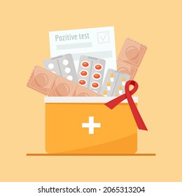 First Aid Kit With A Positive HIV Test. Condom, Medicines, Red Ribbon. World AIDS Day Symbol. Safe Sex. Awareness, Treatment. Vector Illustration, Flat