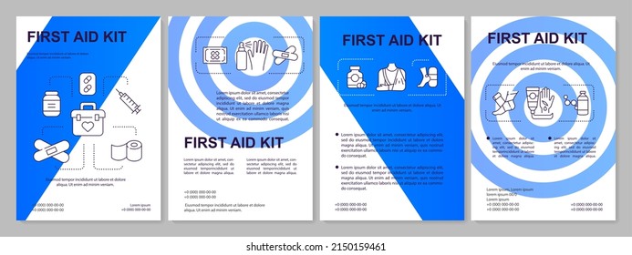 First aid kit prepare blue brochure template. Medical supplies. Leaflet design with linear icons. 4 vector layouts for presentation, annual reports. Arial, Myriad Pro-Regular fonts used