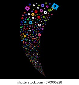 First Aid Kit random fireworks stream. Vector illustration style is flat bright multicolored iconic symbols on a black background. Object fountain organized from scattered icons.