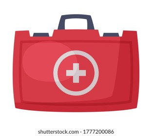 Kit de primeros auxilios, Bolsa roja para equipos médicos y vectores de medicamentos Ilustración sobre fondo blanco