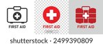  First AID kit with Red cross icon symbol. Medical briefcase icon. First aid medical sign flat icon  in linear style on white and transparent background. vector illustration