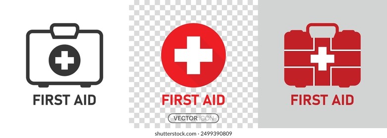  First AID kit with Red cross icon symbol. Medical briefcase icon. First aid medical sign flat icon  in linear style on white and transparent background. vector illustration