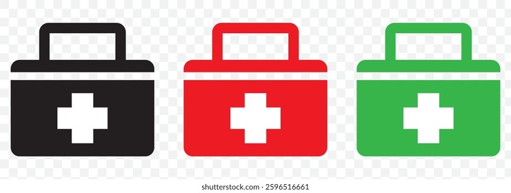 First AID kit with Red cross icon symbol. Medical briefcase icon. First aid medical sign flat icon in linear style on white and transparent background. vector illustration