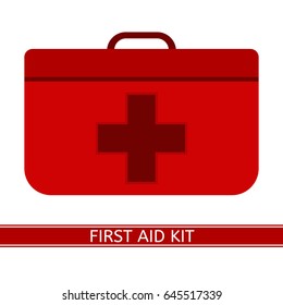 First Aid Kit with red cross vector icon. Medical case isolated on white background, flat style. Camping emergency equipment.